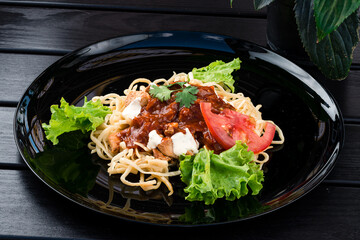Vegetarian or vegan Indian food with noodles and tofu