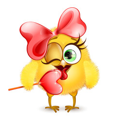 Funny cartoon little yellow chick girl with red bow and licking heart shape lollipop © Lus Kudritskaja