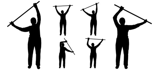 Physical exercise for older seniors. An elderly woman with a stick in her hands is engaged in gymnastics. Hands up with a gymnastic stick. Front view. Woman's silhouette in black isolated on white