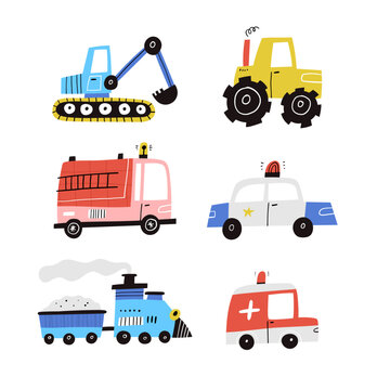 Cute cartoon cars vector collection isolated on white. Hand drawn flat vehicle set.