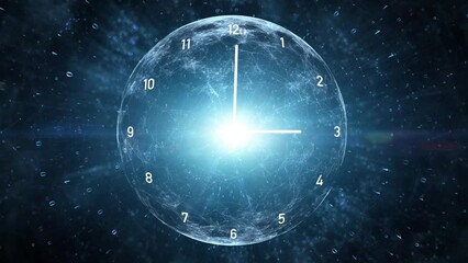 Infinity cosmos time looping clock on artistic glowing digital background with sphere and binary code data animation. - Powered by Adobe