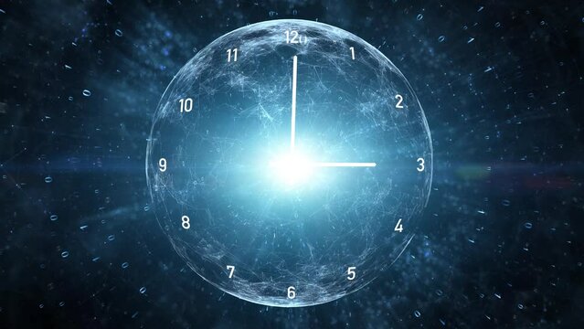 Infinity cosmos time looping clock on artistic glowing digital background with sphere and binary code data animation.