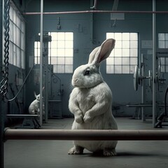 Weightlifter rabbit, rabbit lifting weights at the gym, buff white rabbit, rabbit year illustration, year 2023, year of the water rabbit, generative ai hare art - obrazy, fototapety, plakaty