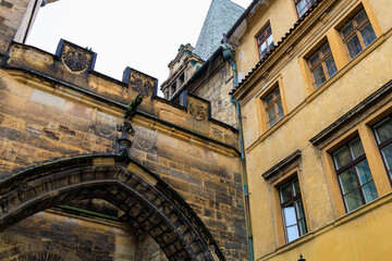 Fototapeta na wymiar Very beautiful old European architecture of the cozy tourist city of Prague, Czech Republic. Background
