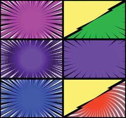 Comic book colorful frames background with halftone rays radial and dotted effects pop art style
