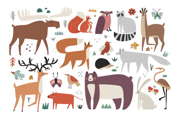 Collection of hand drawn vector woodland animals isolated on white background