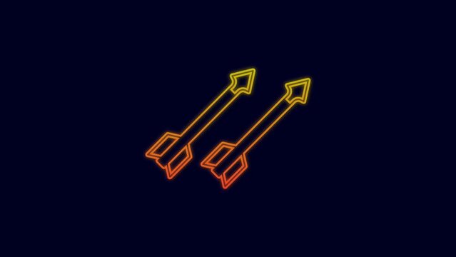 Glowing neon line Medieval arrows icon isolated on blue background. Medieval weapon. 4K Video motion graphic animation