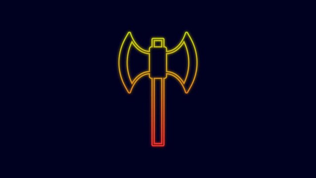 Glowing neon line Medieval poleaxe icon isolated on blue background. 4K Video motion graphic animation