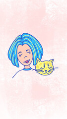 Cartoon character girl with a cat, portrait, avatar. Hand drawn illustration. Young girl with blue hair portrait, yellow cat. Blue, yellow colors stay with Ukraine concept, Peace in Ukraine concept.