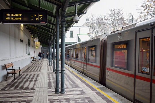 Vienna, Austria, 19 November 2022: subway train in the Hütteldorf station.