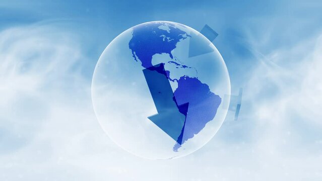Seamless loop blue earth globe planet rotation with recycle arrows rotation animation background.