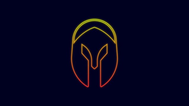 Glowing neon line Medieval iron helmet for head protection icon isolated on blue background. Knight helmet. 4K Video motion graphic animation