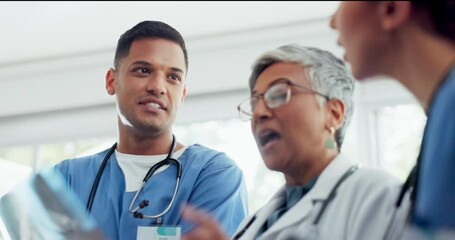 Doctor, team and meeting in discussion for x ray, scan or medical idea or solution together at the hospital. Healthcare experts in collaboration, teamwork or conversation for surgery at the clinic