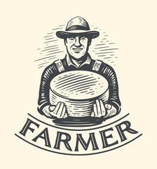 Farmer with holding cheese round. Milk farm logo. Dairy natural organic food emblem. Vintage sketch vector illustration