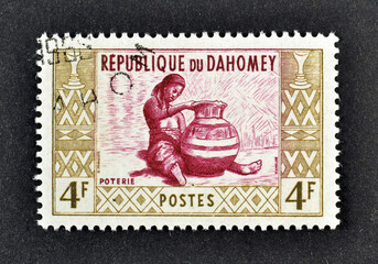 Cancelled postage stamp printed by Dahomey, that shows Pottery, circa 1961.