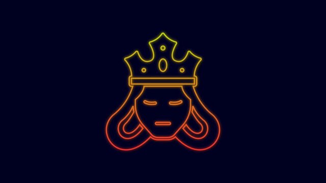 Glowing neon line Princess or queen wearing her crown icon isolated on blue background. Medieval lady. 4K Video motion graphic animation