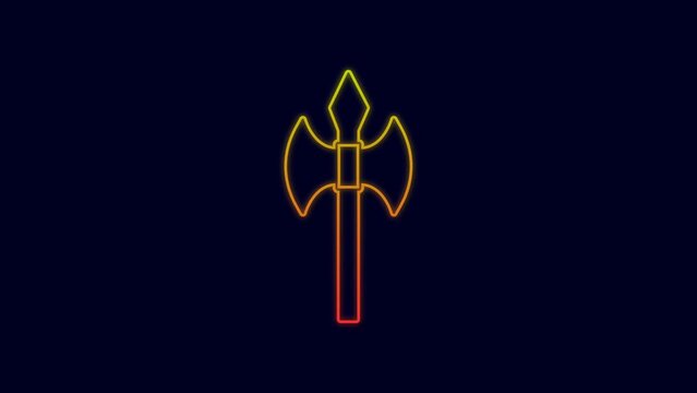 Glowing neon line Medieval axe icon isolated on blue background. Battle axe, executioner axe. Medieval weapon. 4K Video motion graphic animation
