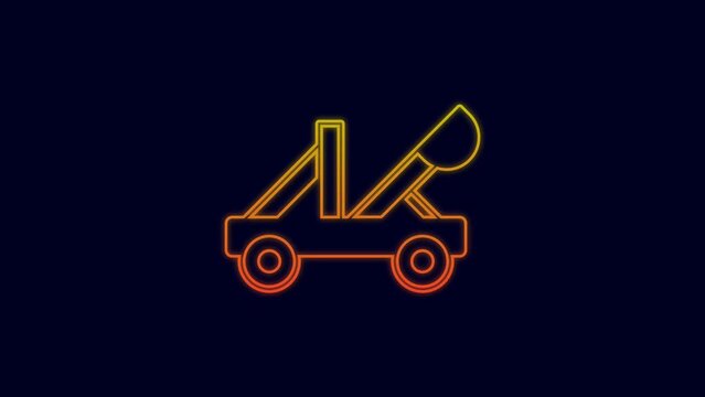 Glowing neon line Old medieval wooden catapult shooting stones icon isolated on blue background. 4K Video motion graphic animation