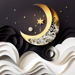 white, black and gold waves, new years eve ocean paper craft with a large moon and stars in the background, generative ai