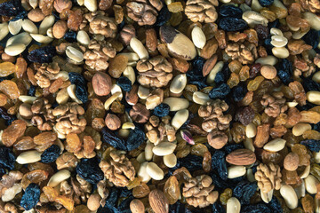 A mixture of various nuts. Close-up.