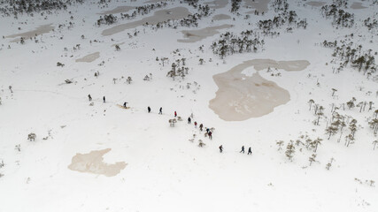  Aerial view on the rod of unidentified hikers walking with snowshoes the snowy bog landscape