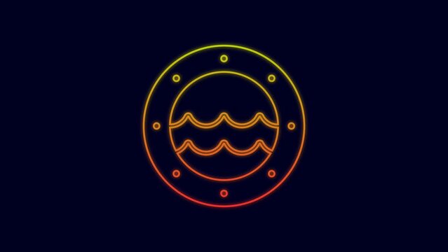 Glowing neon line Ship porthole with rivets and seascape outside icon isolated on blue background. 4K Video motion graphic animation