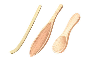 Watercolor utensils for japanese tea ceremony. Set for matcha making bamboo spoon. Hand drawn illustration isolated on white.Perfect for design, textiles, menu, poster, app, advert