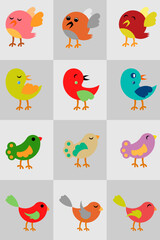 Colorful cute birds different from each other and illustrations with different moods