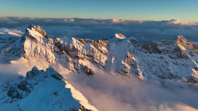 Aerial View of the Mountain Seantis in the Swiss Alps, Switzerland. Santis at sunset.