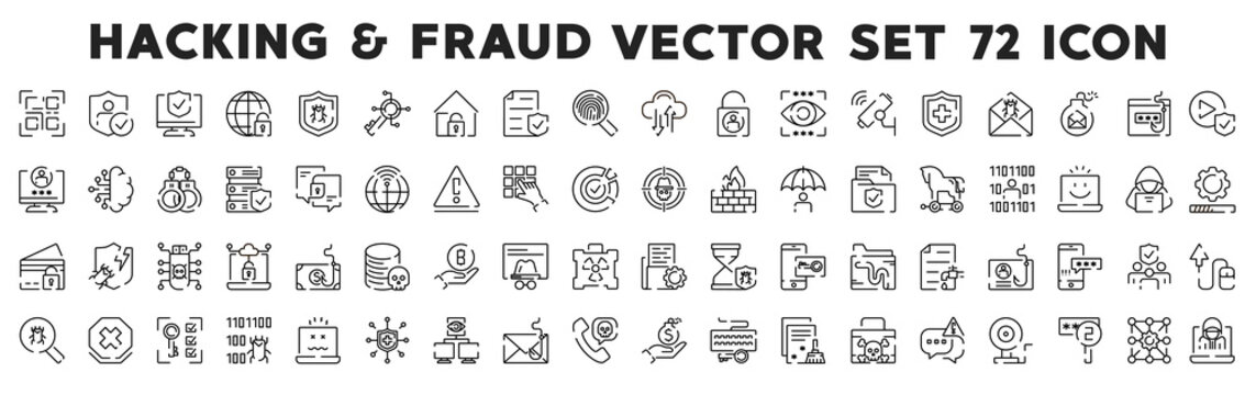Hacking vector line icons set. Hacker attack