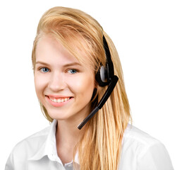 Beautiful female customer services agent with headphones
