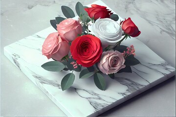 Beautiful colorful roses and petals on a white marble backdrop for valentine's day, romance and love - generative ai