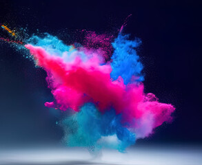 photo of colored powder flying in the air on a blue background - AI Generated