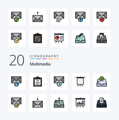 20 Multimedia Line Filled Color icon Pack like sync mail time mailbox check