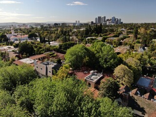 Fototapeta na wymiar Aerial of Beverly hills downtown skyline and surrounding neighborhoods