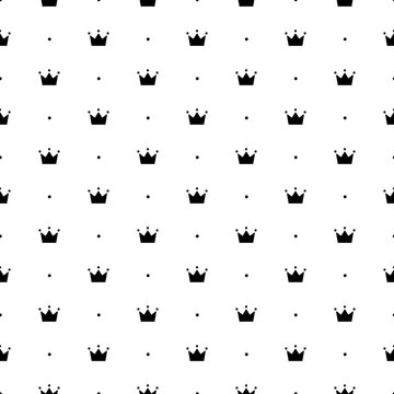 Crown seamless pattern. Repeating royal texture. Black color lattice on white background. Repeated wallpaper for design prints. Cute abstract backdrop. Repeat crown, dot and line. Vector illustration
