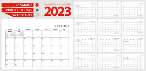 Turkish calendar planner for 2023. Turkish language, week starts from Monday.