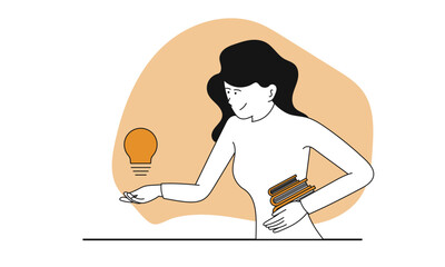 Woman holding lightbulb vector concept illustration. Innovation idea with creative person. Business character creativity and success inspiration. Human solution and smart education for professional
