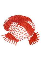 Two-tone knitted scarf with fringes. Watercolor isolated illustration of a garment in white and orange pattern for your design