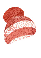 Knitted hat with pompom. Watercolor isolated illustration of headdress in white and orange pattern for your design