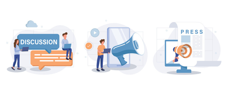 Mass media, journalism, press release, Business discussion, Social media marketing, set flat vector modern illustration.
