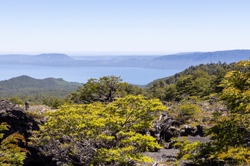 View from the Volcanic Caves Park (at the foot of Villarrica volcan) to the Villarrica lake in...