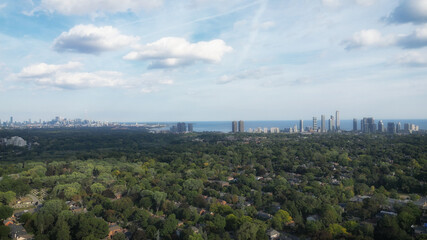 Toronto Kingsway Etobicoke Canada Aerial. Aerial view over the Kingsway neighborhood of Toronto, Ontario, Canada. Looking southeast towards the downtown core Toronto skyline, Mimico and Lake Ontario.