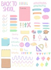 Back to school template, education icon set elements pastel colours. isolated on white background. hand drawn doodles. Elementary school elements. school supplies icons modern flat design. children