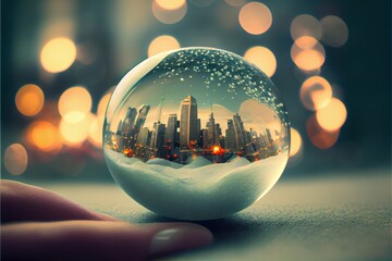 Fototapeta na wymiar City and snow landscape in a glass Christmas ornament, snowfall snow globe with a realistic winter scene inside, blurry background - generative ai