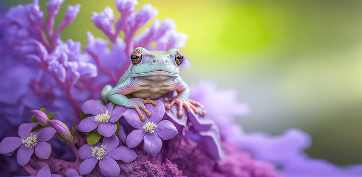 Floral summer banner with copy space. Close-up of a frog in hydrangea flowers. digital art	