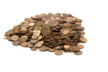 Euro cent coins. Of 1, 2 and 5 cents. Isolated on white background. European currencies concept.