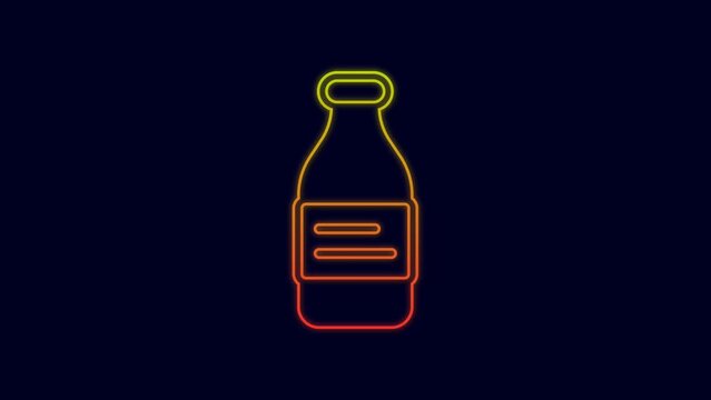 Glowing neon line Bottle of water icon isolated on blue background. Soda aqua drink sign. 4K Video motion graphic animation