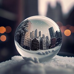 City and snow landscape in a glass Christmas ornament, snowfall snow globe with a realistic winter scene inside, blurry background - generative ai