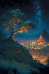 fantasy landscape illuminated, fantasy world, art illustration concept